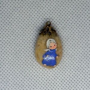 Hand-Painted Beige Stone Pendant with Blue Doll Illustration